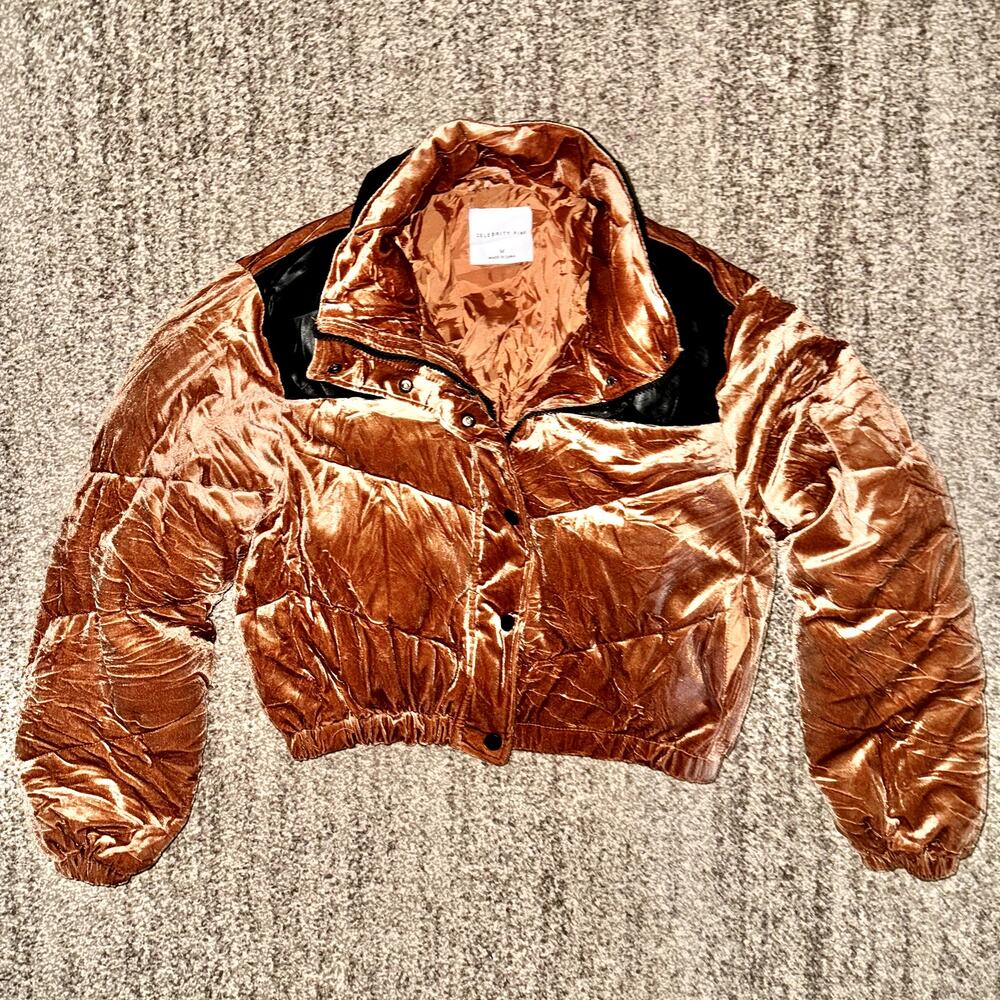 Celebrity Pink Velvet Crop Puffer Jacket Women's Outerwear Coat in Cognac